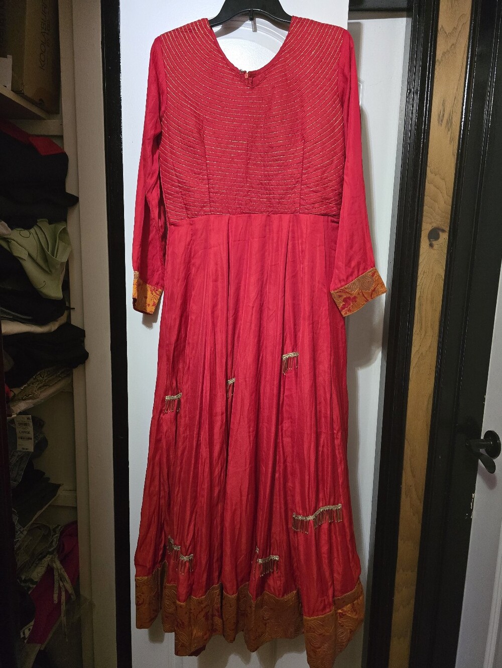 Cbazaar Women's Red Long Sleeve Anarkali Dress with Gold Trim Designs - Size XL